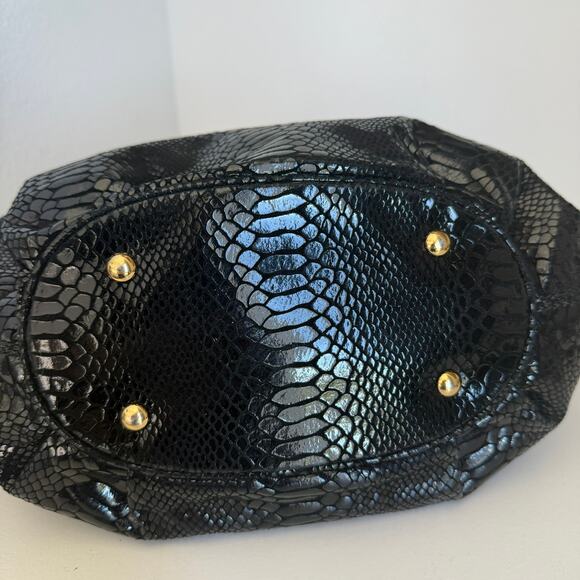 MICHAEL Michael Kors Snakeskin Patent Leather Shoulder Bag Black Gold Chain Glam - Picture 10 of 14
